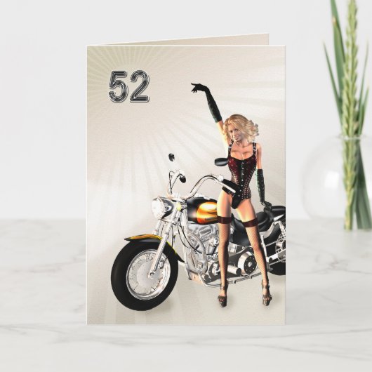 52e verjaardag, motorfiets en meisje kaart (Voorkant)
