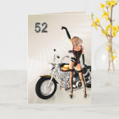 52e verjaardag, motorfiets en meisje kaart (Gele Bloem)