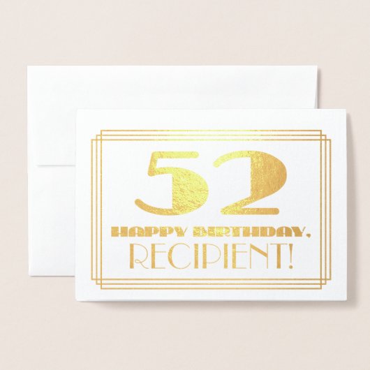 52e verjaardag; naam + Art Deco geïnspireerd look  Folie Kaarten (Voorkant met envelop)