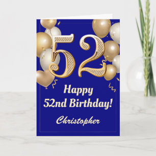 52e verjaardag Navy Blue en Gold Balloons Confetti Kaart