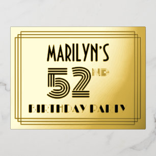 52e verjaardag partij ~ Art Deco Style "52" + naam Folie Uitnodiging Briefkaart