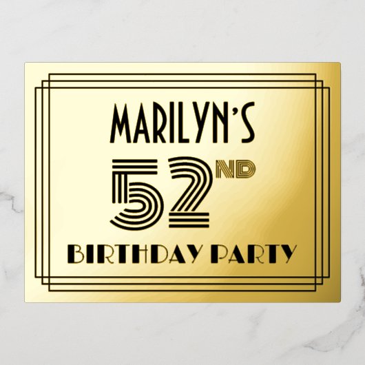 52e verjaardag partij ~ Art Deco Style "52" + naam Folie Uitnodiging Briefkaart (Voorkant)