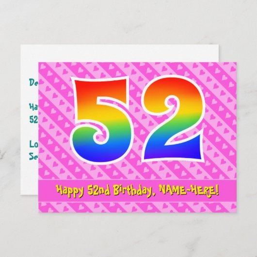 52e verjaardag: Roze strepen en harten, Regenboog  Briefkaart (Voorkant / Achterkant)