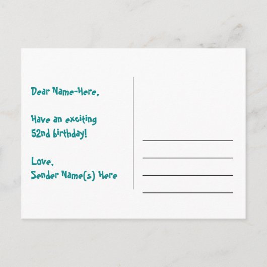 52e verjaardag: Roze strepen en harten, Regenboog  Briefkaart (Achterkant)