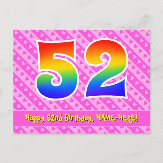 52e verjaardag: Roze strepen & harten, Regenboog 5 Briefkaart (Voorkant)