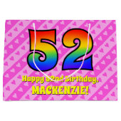 52e verjaardag: roze strips & harten, regenboognr. groot cadeauzakje (Voorkant)
