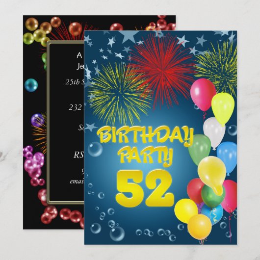 52e verjaardag Uitnodiging met ballonnen (Voorkant / Achterkant)