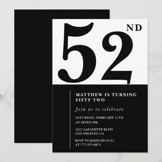 52e verjaardag uitnodigingen Zwart en Wit Elegant (Voorkant / Achterkant)