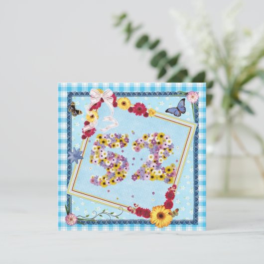 52e verjaardag Uitnodigingsbloemen, vlinders Kaart (Staand voorkant)