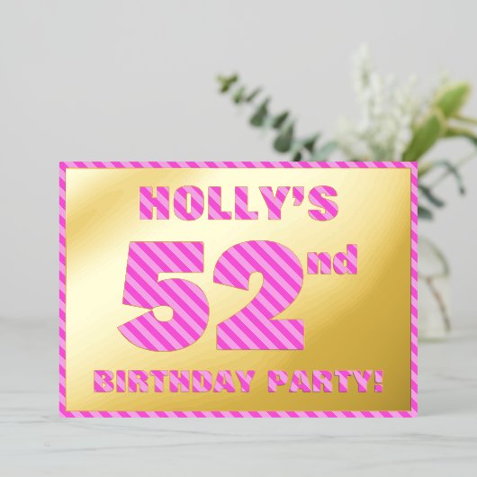 52e verjaardag — Vet, vuurtje, roze band # 52 Folie Uitnodiging (Staand Voorkant)