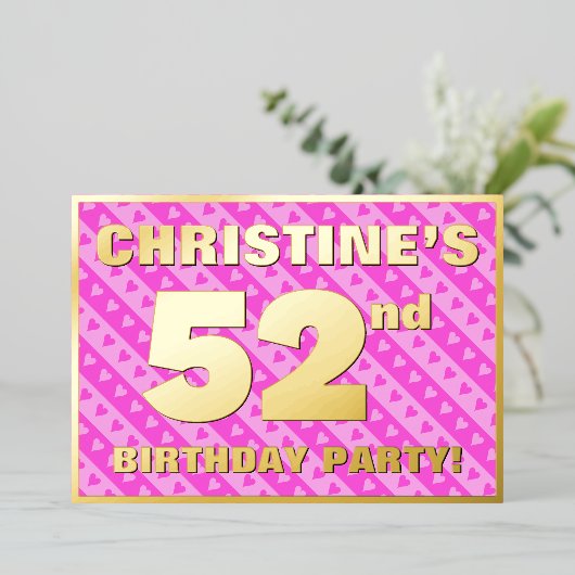 52e verjaardag - vuurroze harten en strips folie uitnodiging (Staand Voorkant)