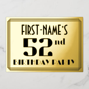 52e verjaardagsfeest: Art Deco-look “52” en naam Folie Uitnodiging