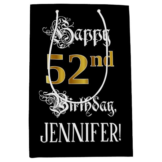 52nd Birthday ~ Fancy Script; Gold Look; Name Medium Cadeauzakje (Voorkant)