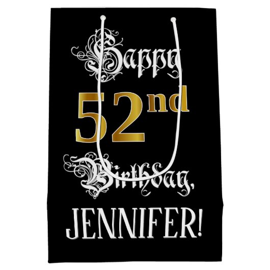 52nd Birthday ~ Fancy Script; Gold Look; Name Medium Cadeauzakje (Achterkant)