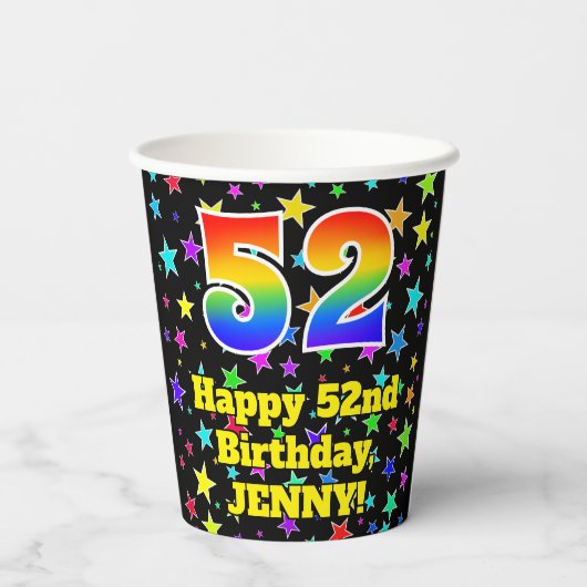52nd Birthday: Fun Stars Pattern and Rainbow 52 Papieren Bekers (Achterkant)