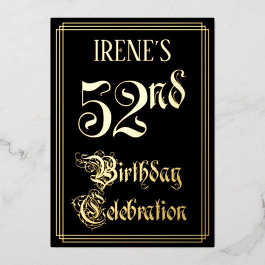 52ste Verjaardagsfeest — Fancy Script & Aangepaste Folie Uitnodiging (Voorkant)