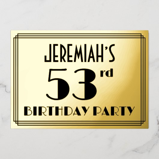 53e verjaardag — Art Deco look "53" + Naam Folie Uitnodiging (Voorkant)