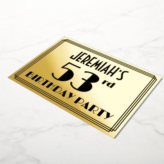 53e verjaardag — Art Deco look "53" + Naam Folie Uitnodiging (Gedraaid)