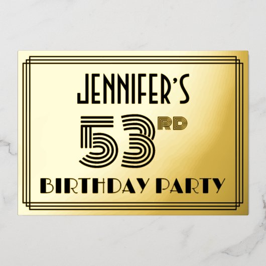 53e verjaardag — Art Deco Style "53" en naam Folie Uitnodiging (Voorkant)
