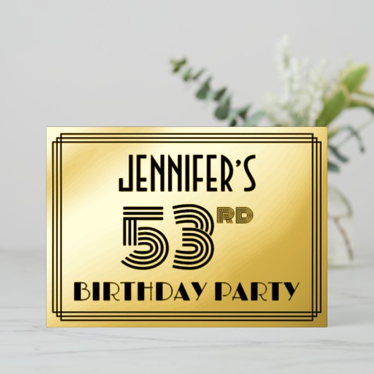 53e verjaardag — Art Deco Style "53" en naam Folie Uitnodiging (Staand Voorkant)