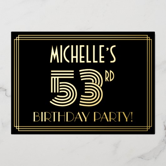 53e verjaardag — Art Deco Style "53" + Naam Folie Uitnodiging (Voorkant)