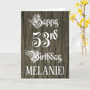 53e verjaardag: Fancy, elegante tekst; Faux Wood K Kaart