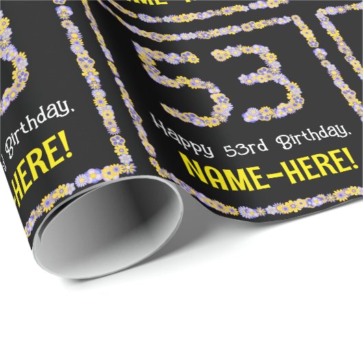 53e verjaardag: Floral Flowers Number, Custom Name Cadeaupapier (Rol Hoek)