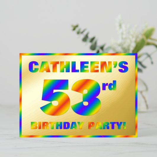 53e verjaardag - Fun, regenboogspectrum "53" Folie Uitnodiging (Staand Voorkant)