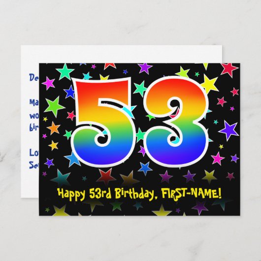53e Verjaardag: Fun sterren patroon, Regenboog 53, Briefkaart (Voorkant / Achterkant)