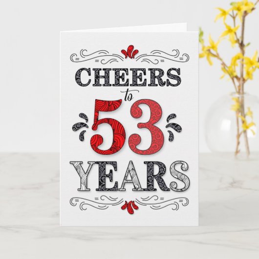 53e verjaardag Proost in rood wit zwart patroon Kaart (Gele Bloem)