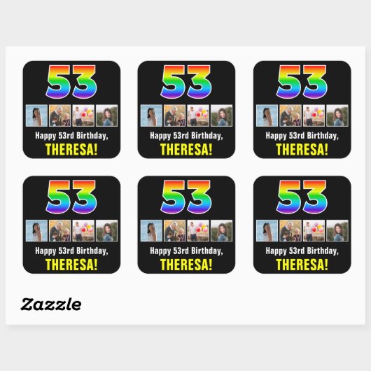 53e verjaardag: Regenboog "53"; Aangepaste foto's Vierkante Sticker (Vel)