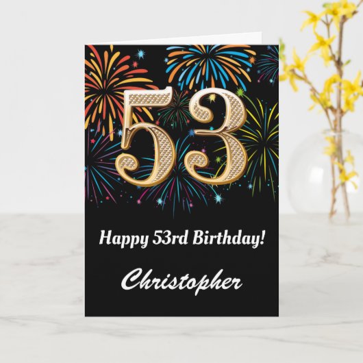 53e verjaardag regenboogvuurwerk zwart en goud kaart (Gele Bloem)