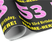 53e verjaardag: Roze strepen en hart "53" + Naam Cadeaupapier (Rol Hoek)