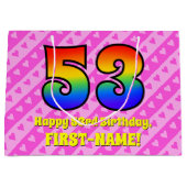 53e verjaardag: roze strips & harten, regenboognr. groot cadeauzakje (Voorkant)