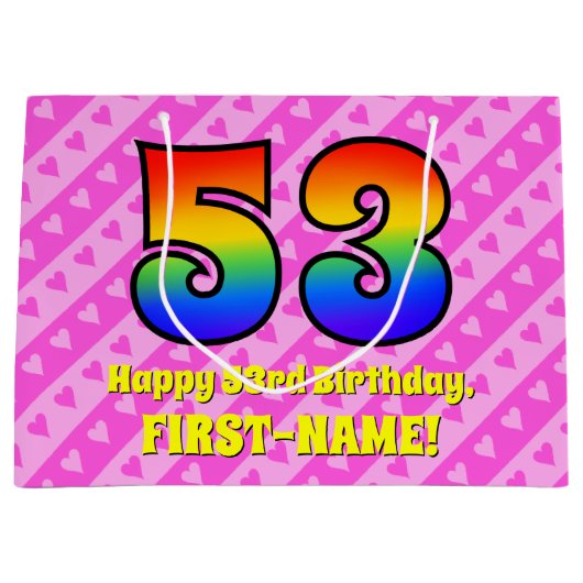 53e verjaardag: roze strips & harten, regenboognr. groot cadeauzakje (Voorkant)