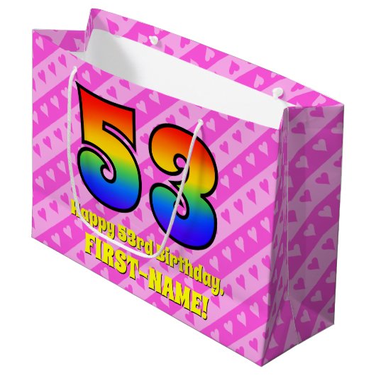 53e verjaardag: roze strips & harten, regenboognr. groot cadeauzakje (Voorkant Gekanteld)