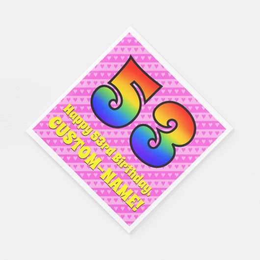 53e verjaardag: roze strips & harten, regenboognr. servet (Hoek)