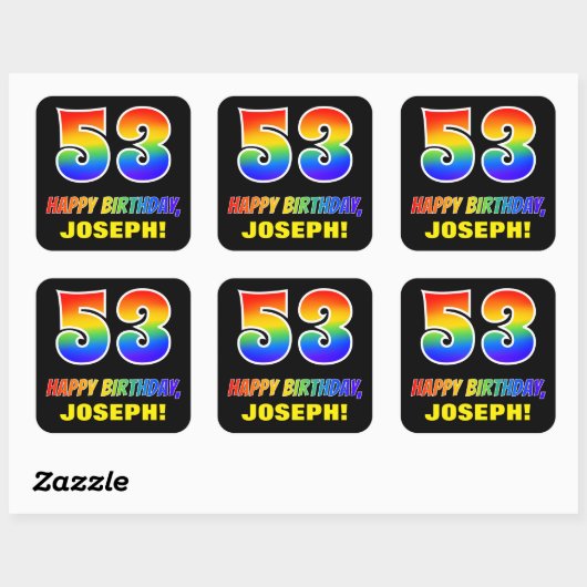 53e verjaardag: Vet, Vun, Eenvoudig, Regenboog 53 Vierkante Sticker (Vel)