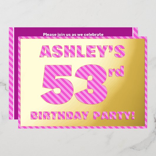 53e verjaardag — Vet, vuurtje, roze band # 53 Folie Uitnodiging (Voorkant / Achterkant)