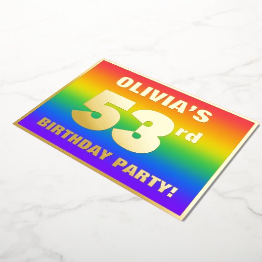 53e verjaardag: vun, kleurrijk regenboogpatroon folie uitnodiging (Gedraaid)