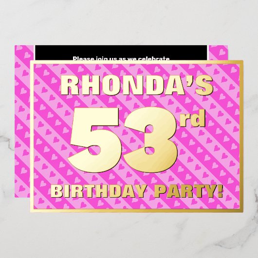 53e verjaardag — vuurroze harten en strips folie uitnodiging (Voorkant / Achterkant)