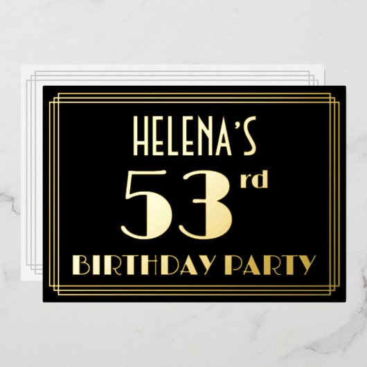 53e verjaardagsfeest: Art Deco-look “53”, met naam Folie Uitnodiging (Voorkant / Achterkant)