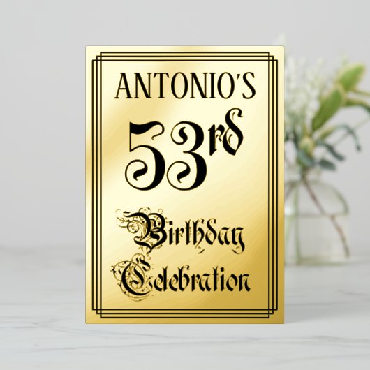 53e verjaardagsfeest — Elegant script + aangepaste Folie Uitnodiging (Staand Voorkant)