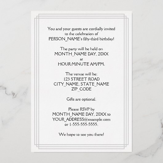 53e verjaardagsfeest — Fancy script en aangepaste Folie Uitnodiging (Achterkant)