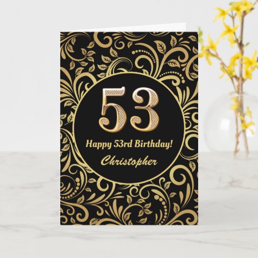 53rd Birthday Black en Gold Floral Pattern Kaart (Gele Bloem)
