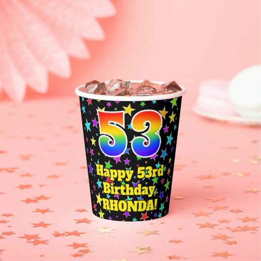 53rd Birthday: Fun Stars Pattern and Rainbow 53 Papieren Bekers (Insitu)