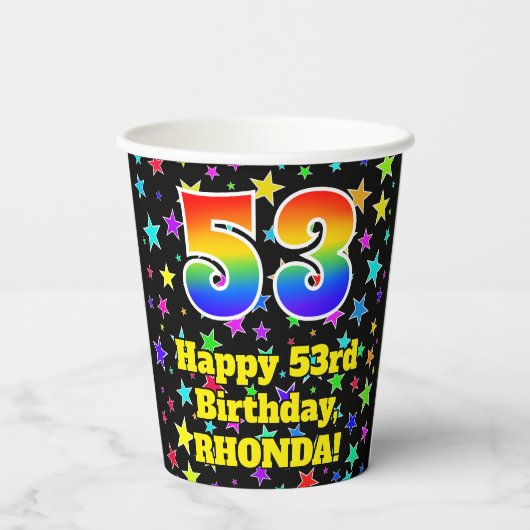 53rd Birthday: Fun Stars Pattern and Rainbow 53 Papieren Bekers (Achterkant)