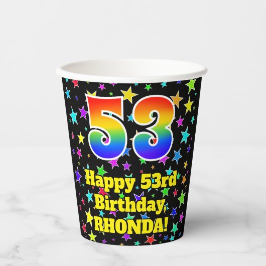 53rd Birthday: Fun Stars Pattern and Rainbow 53 Papieren Bekers (Voorkant)
