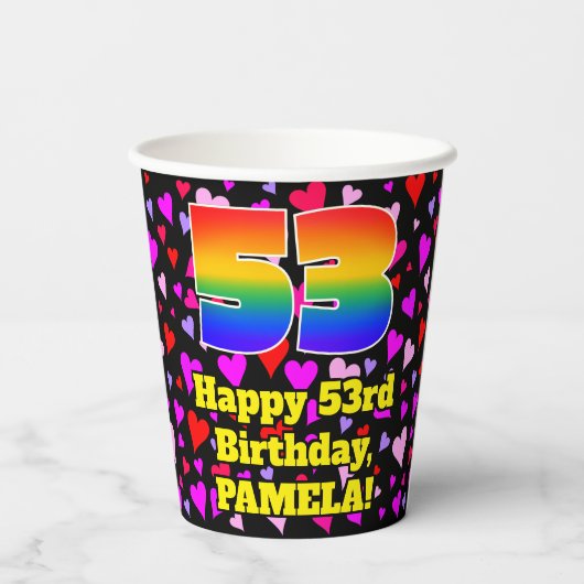 53rd Birthday: Loving Hearts Pattern, Rainbow 53 Papieren Bekers (Achterkant)