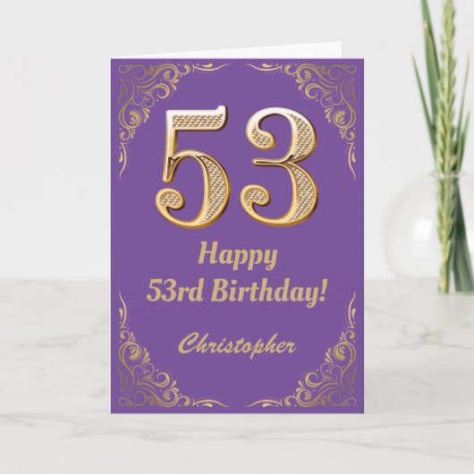 53rd Birthday Paars en Gold Glitter Lijst Kaart (Voorkant)